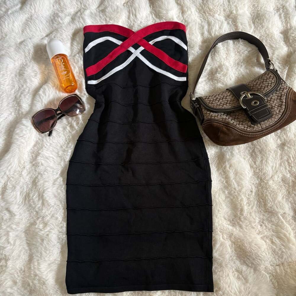Seductions Bandage Dress Size L/G Black Red White Strapless Bodycon